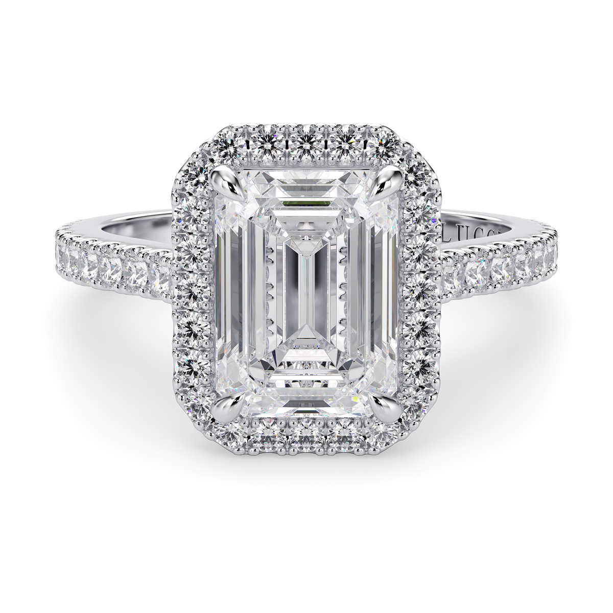 Load image into Gallery viewer, LUCCE Pavé Cathedral Emerald Diamond with Halo and Hidden Accents Engagement Ring in Gold or Platinum
