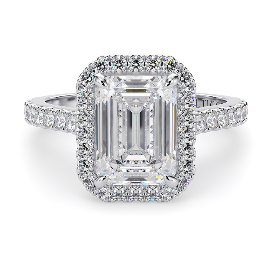 Load image into Gallery viewer, LUCCE Pavé Cathedral Emerald Diamond with Halo and Hidden Accents Engagement Ring in Gold or Platinum
