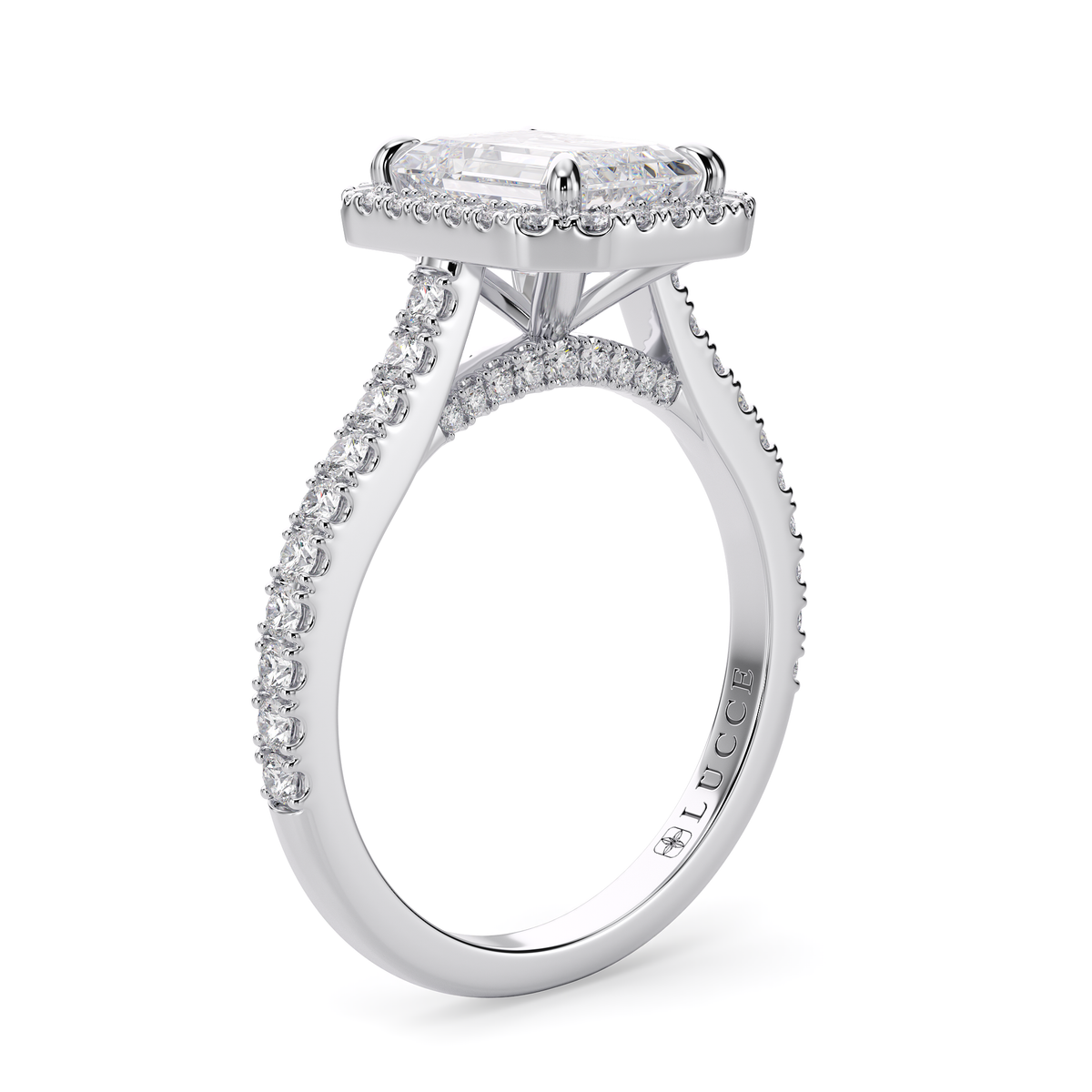 Load image into Gallery viewer, LUCCE Pavé Cathedral Emerald Diamond with Halo and Hidden Accents Engagement Ring in Gold or Platinum
