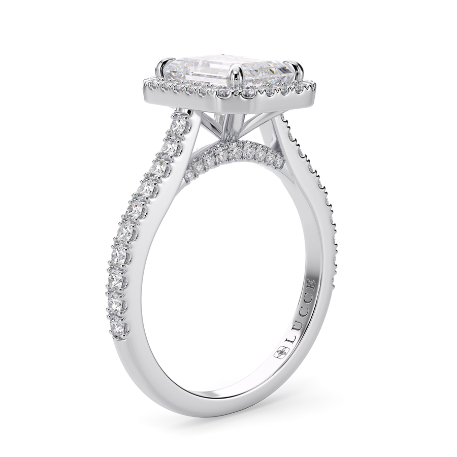 Load image into Gallery viewer, LUCCE Pavé Cathedral Emerald Diamond with Halo and Hidden Accents Engagement Ring in Gold or Platinum

