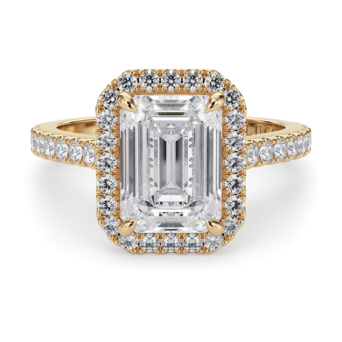 Load image into Gallery viewer, LUCCE Pavé Cathedral Emerald Diamond with Halo and Hidden Accents Engagement Ring in Gold or Platinum
