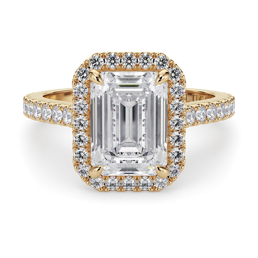 Load image into Gallery viewer, LUCCE Pavé Cathedral Emerald Diamond with Halo and Hidden Accents Engagement Ring in Gold or Platinum

