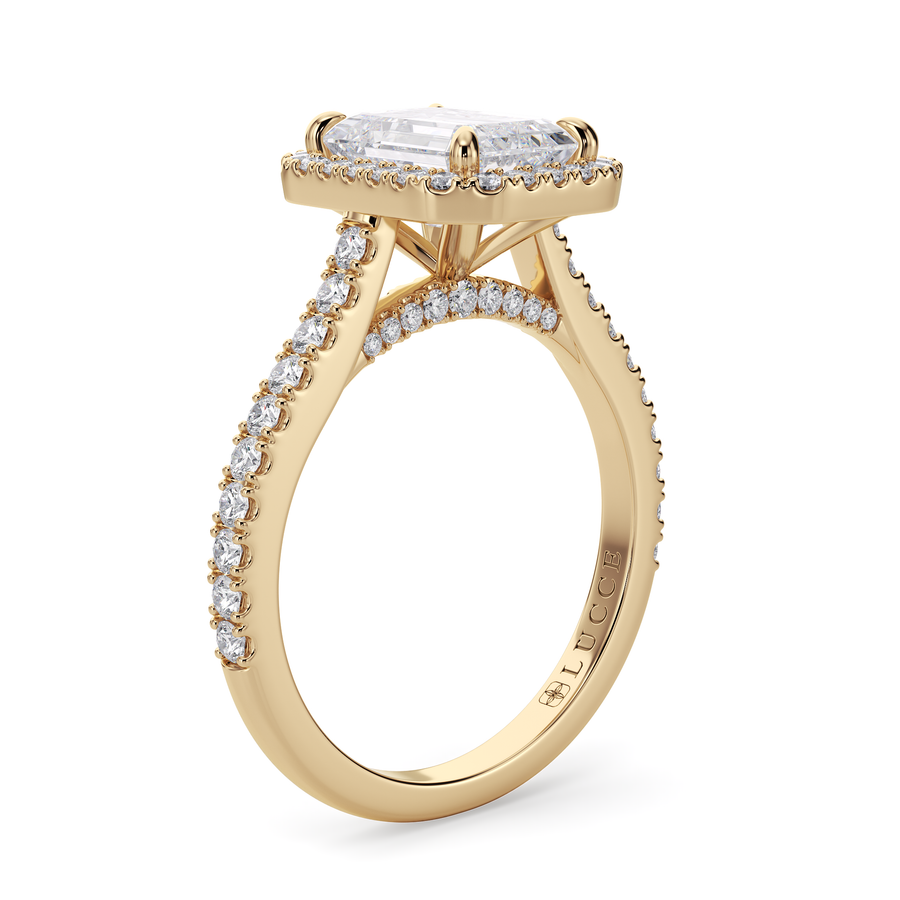 Load image into Gallery viewer, LUCCE Pavé Cathedral Emerald Diamond with Halo and Hidden Accents Engagement Ring in Gold or Platinum
