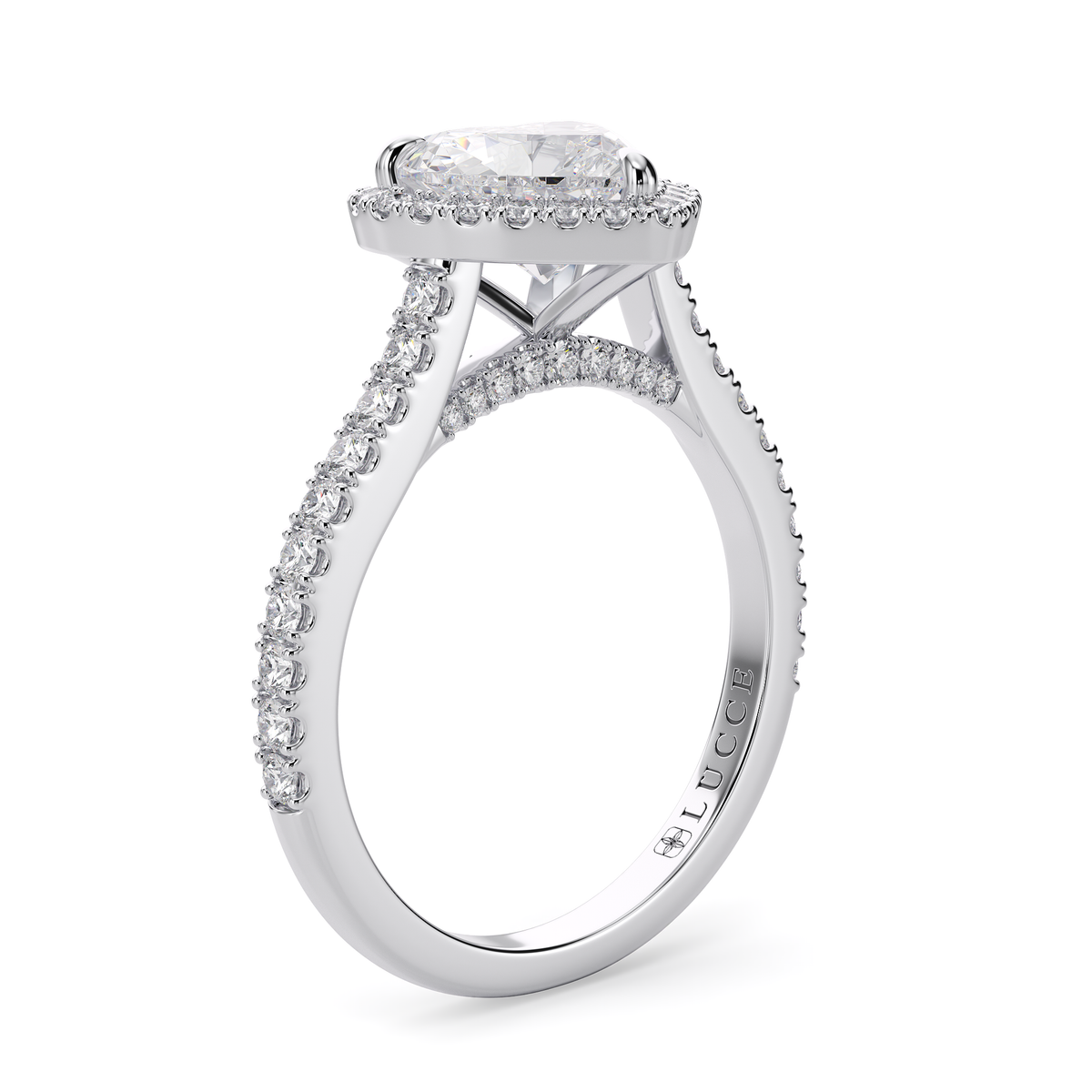 Load image into Gallery viewer, LUCCE Pavé Cathedral Heart Diamond with Halo and Hidden Accents Engagement Ring in Gold or Platinum
