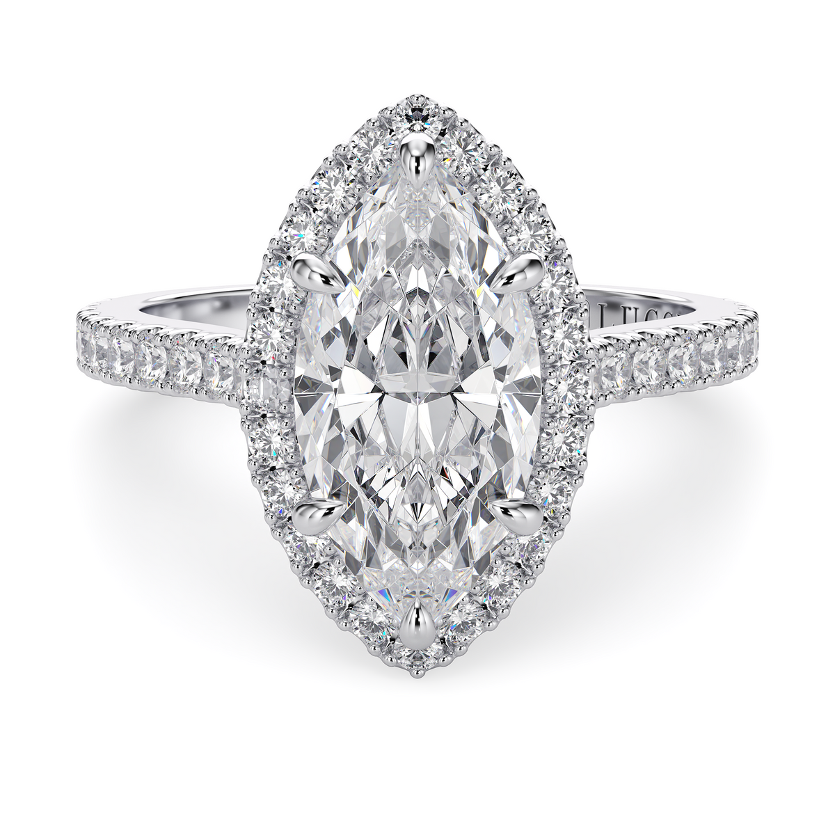 Load image into Gallery viewer, LUCCE Pavé Cathedral Marquise Diamond with Halo and Hidden Accents Engagement Ring in Gold or Platinum
