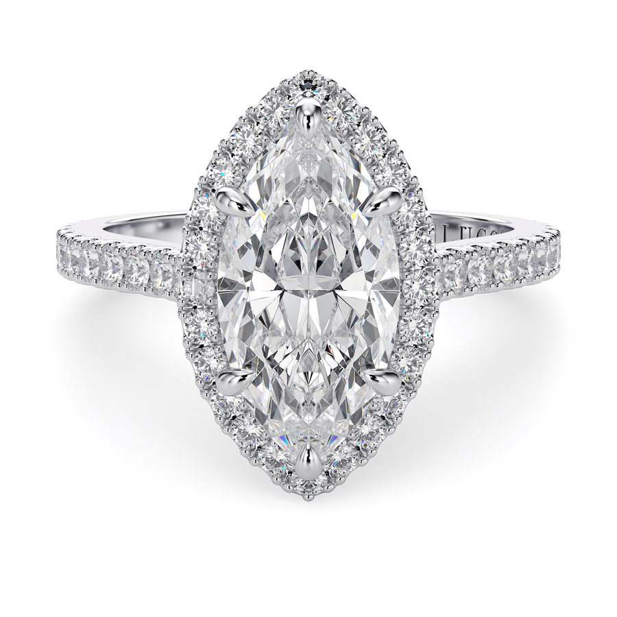 Load image into Gallery viewer, LUCCE Pavé Cathedral Marquise Diamond with Halo and Hidden Accents Engagement Ring in Gold or Platinum
