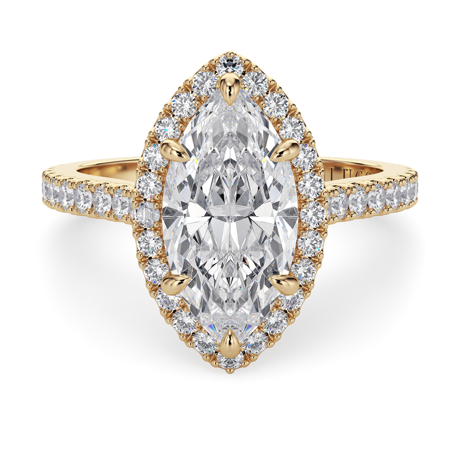 Load image into Gallery viewer, LUCCE Pavé Cathedral Marquise Diamond with Halo and Hidden Accents Engagement Ring in Gold or Platinum

