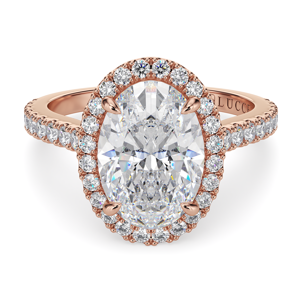 Load image into Gallery viewer, LUCCE Pavé Cathedral Oval Diamond with Halo and Hidden Accents Engagement Ring in Gold or Platinum
