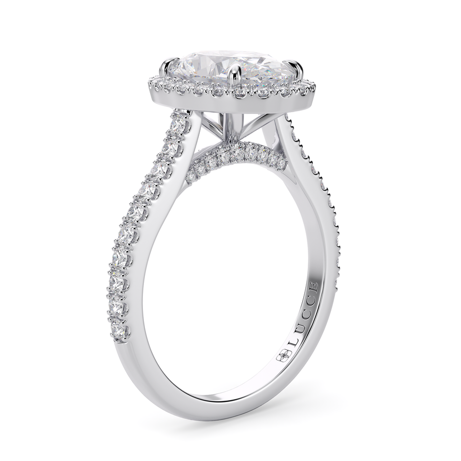 Load image into Gallery viewer, LUCCE Pavé Cathedral Oval Diamond with Halo and Hidden Accents Engagement Ring in Gold or Platinum
