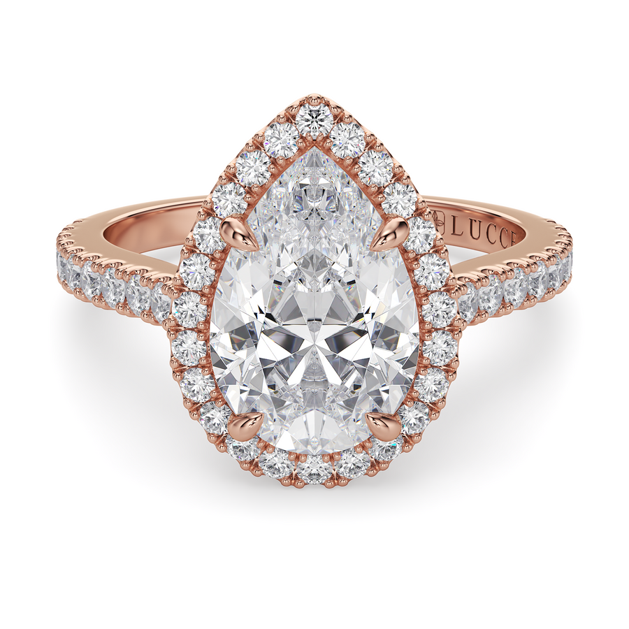 Load image into Gallery viewer, LUCCE Pavé Cathedral Pear Diamond with Halo and Hidden Accents Engagement Ring in Gold or Platinum
