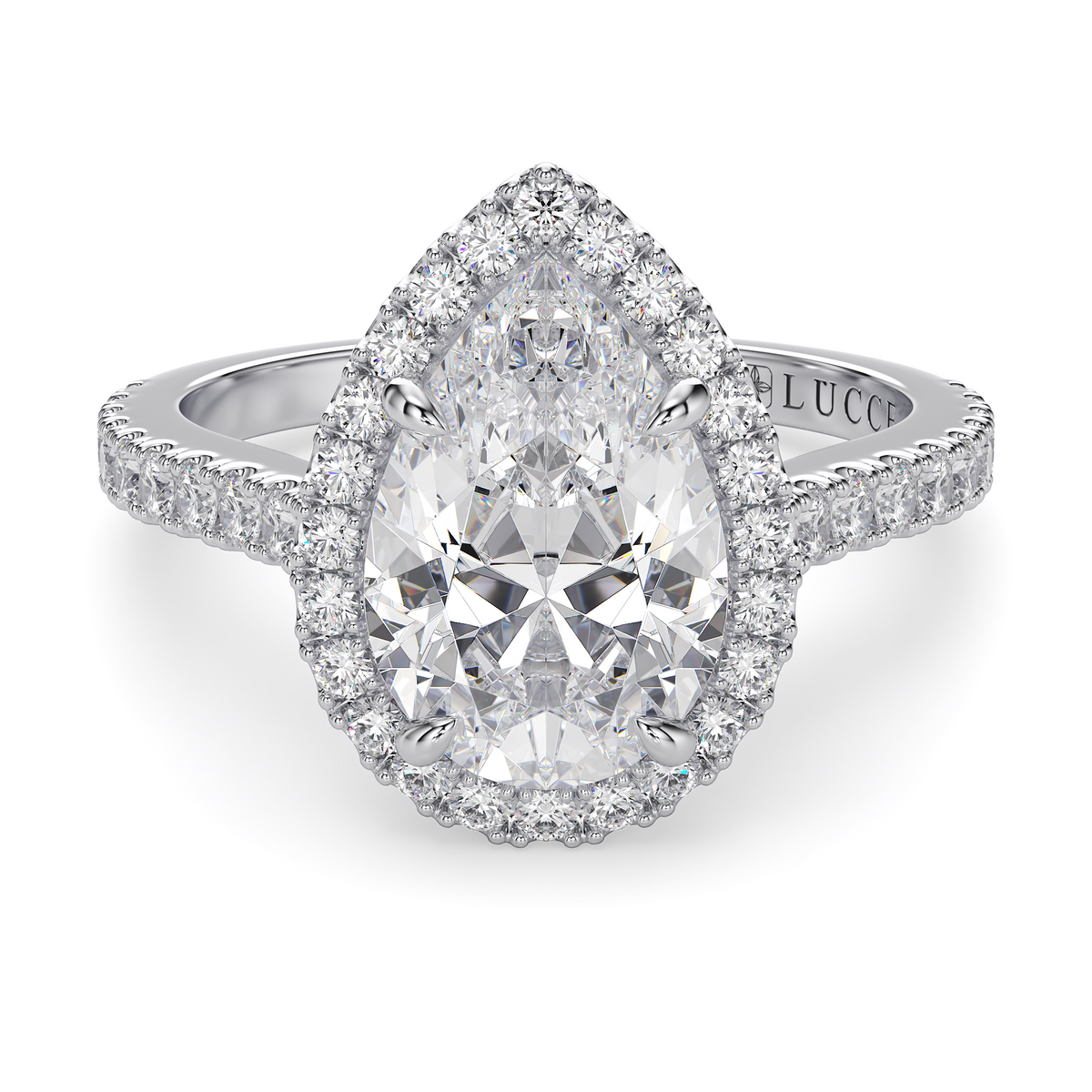 Load image into Gallery viewer, LUCCE Pavé Cathedral Pear Diamond with Halo and Hidden Accents Engagement Ring in Gold or Platinum
