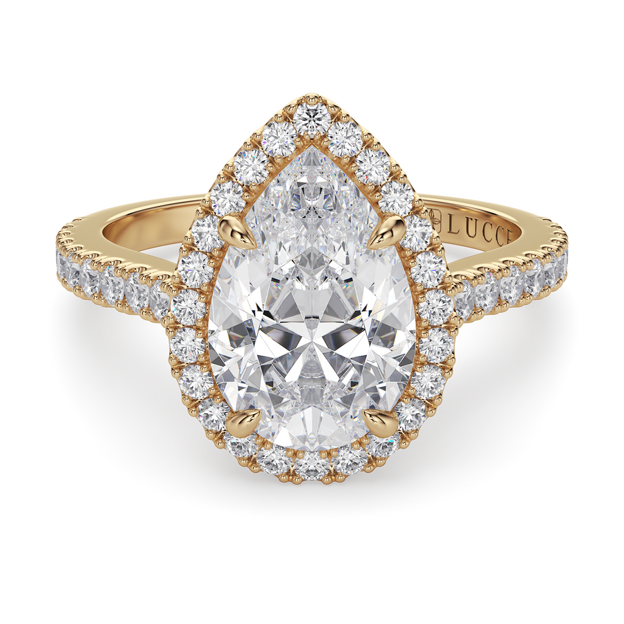 Load image into Gallery viewer, LUCCE Pavé Cathedral Pear Diamond with Halo and Hidden Accents Engagement Ring in Gold or Platinum
