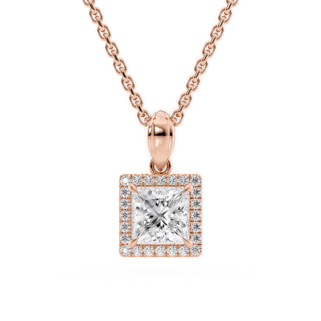 Load image into Gallery viewer, LUCCE Princess cut Diamond necklace with Halo Pendant Necklace in Gold or Platinum
