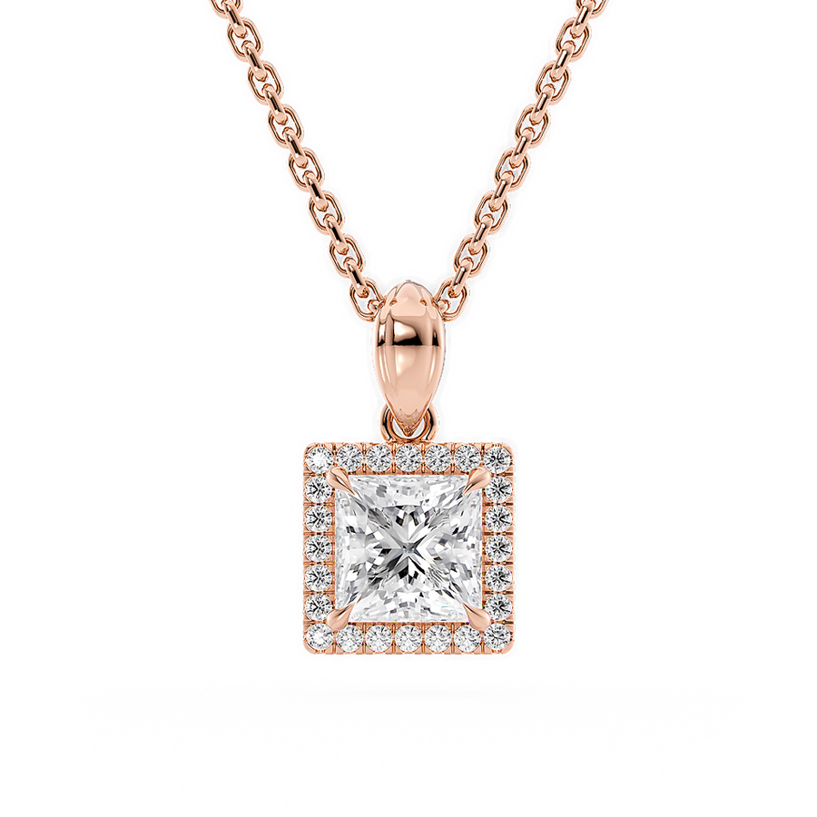 Load image into Gallery viewer, LUCCE Princess cut Diamond necklace with Halo Pendant Necklace in Gold or Platinum
