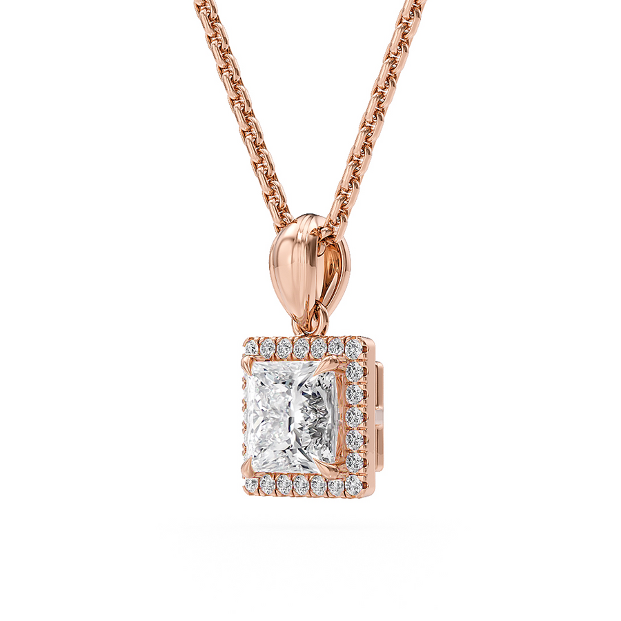 Load image into Gallery viewer, LUCCE Princess cut Diamond necklace with Halo Pendant Necklace in Gold or Platinum
