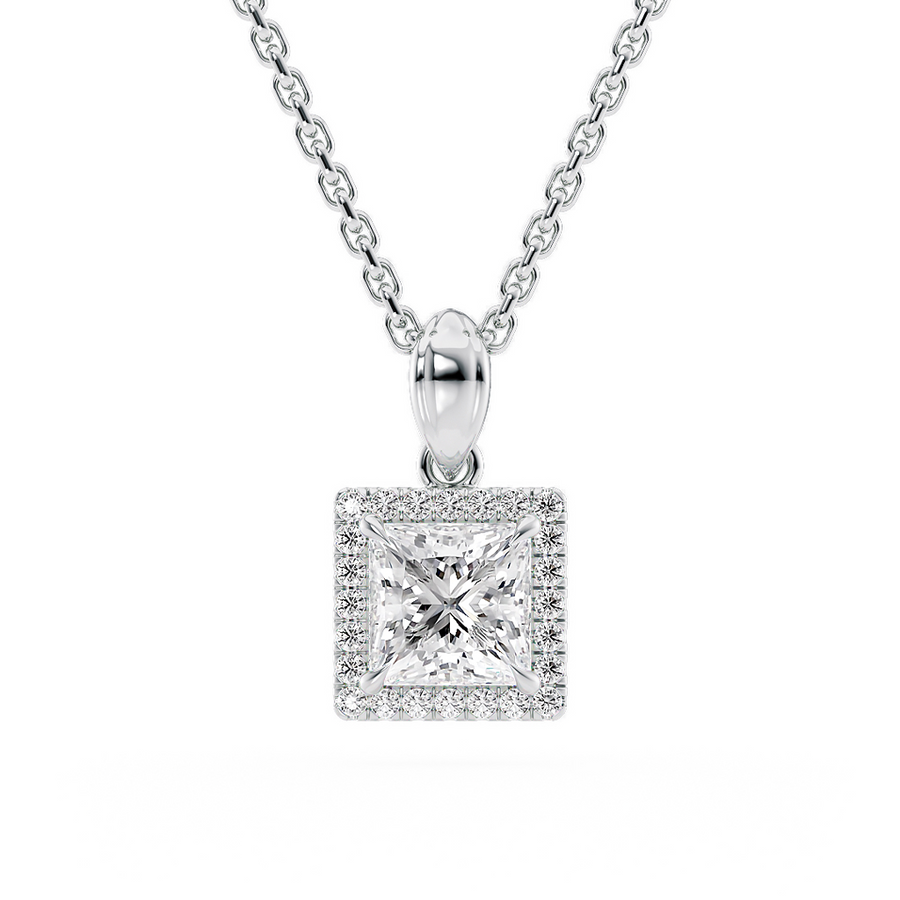 Load image into Gallery viewer, LUCCE Princess cut Diamond necklace with Halo Pendant Necklace in Gold or Platinum
