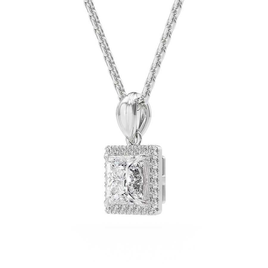 Load image into Gallery viewer, LUCCE Princess cut Diamond necklace with Halo Pendant Necklace in Gold or Platinum
