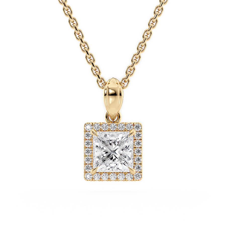 Load image into Gallery viewer, LUCCE Princess cut Diamond necklace with Halo Pendant Necklace in Gold or Platinum
