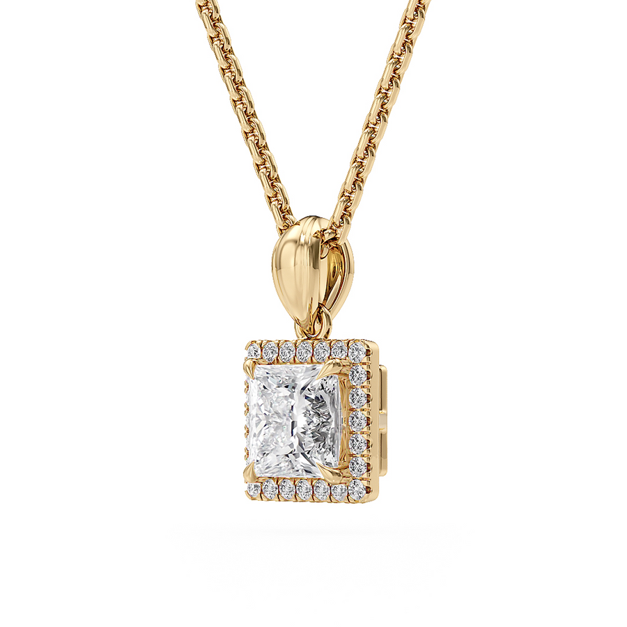 Load image into Gallery viewer, LUCCE Princess cut Diamond necklace with Halo Pendant Necklace in Gold or Platinum
