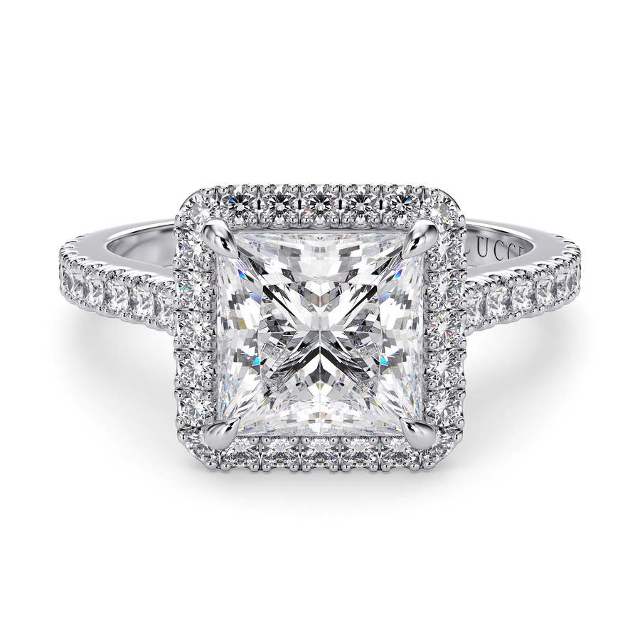 Load image into Gallery viewer, LUCCE Pavé Cathedral Princess Diamond with Halo and Hidden Accents Engagement Ring in Gold or Platinum
