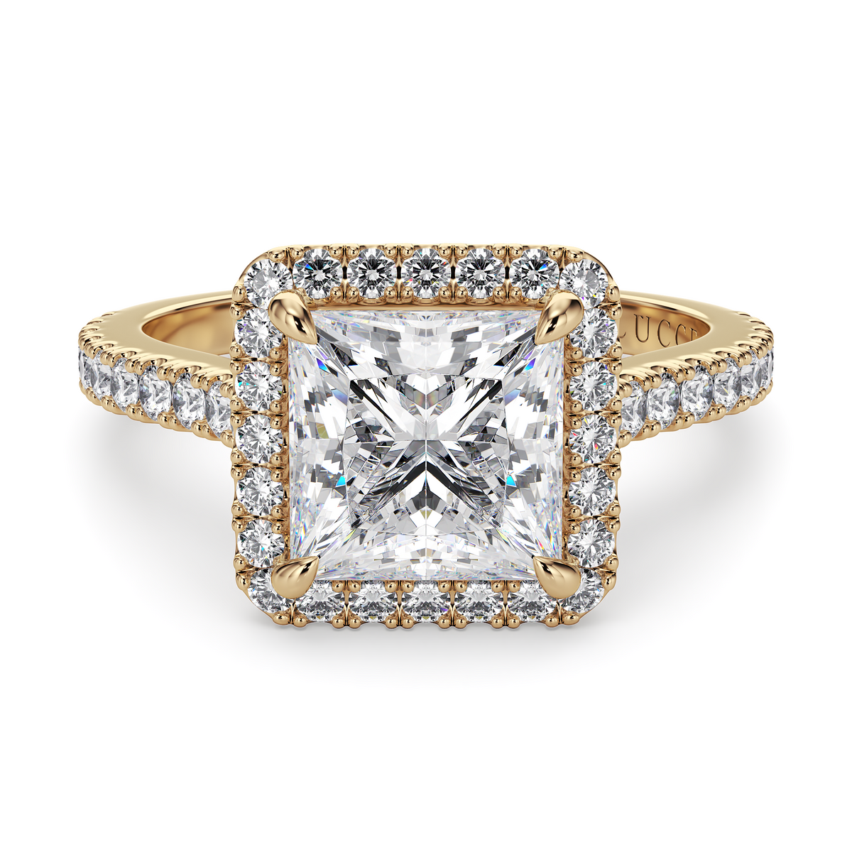 Load image into Gallery viewer, LUCCE Pavé Cathedral Princess Diamond with Halo and Hidden Accents Engagement Ring in Gold or Platinum
