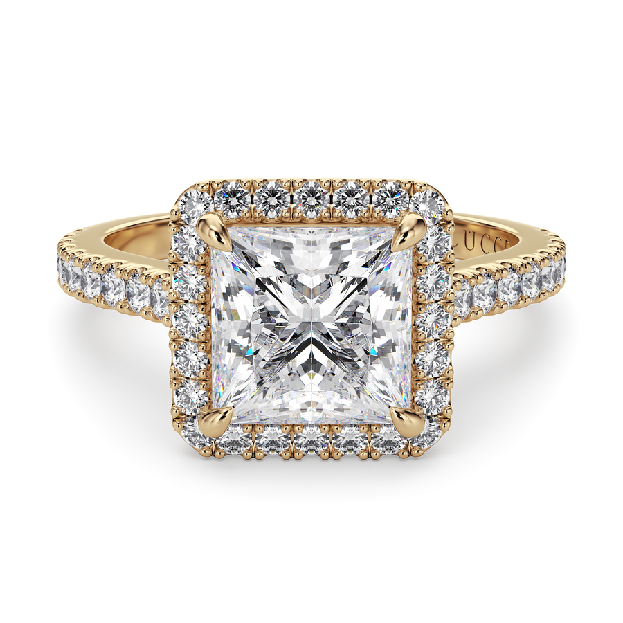 Load image into Gallery viewer, LUCCE Pavé Cathedral Princess Diamond with Halo and Hidden Accents Engagement Ring in Gold or Platinum
