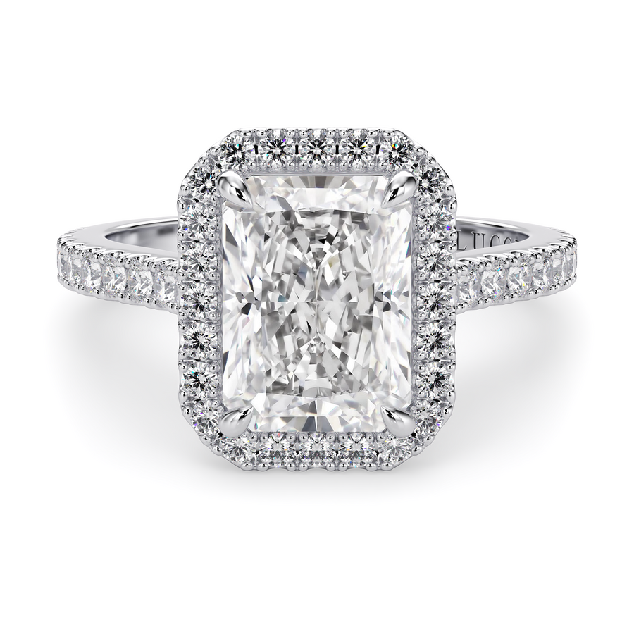 Load image into Gallery viewer, LUCCE Pavé Cathedral Radiant Diamond with Halo and Hidden Accents Engagement Ring in Gold or Platinum
