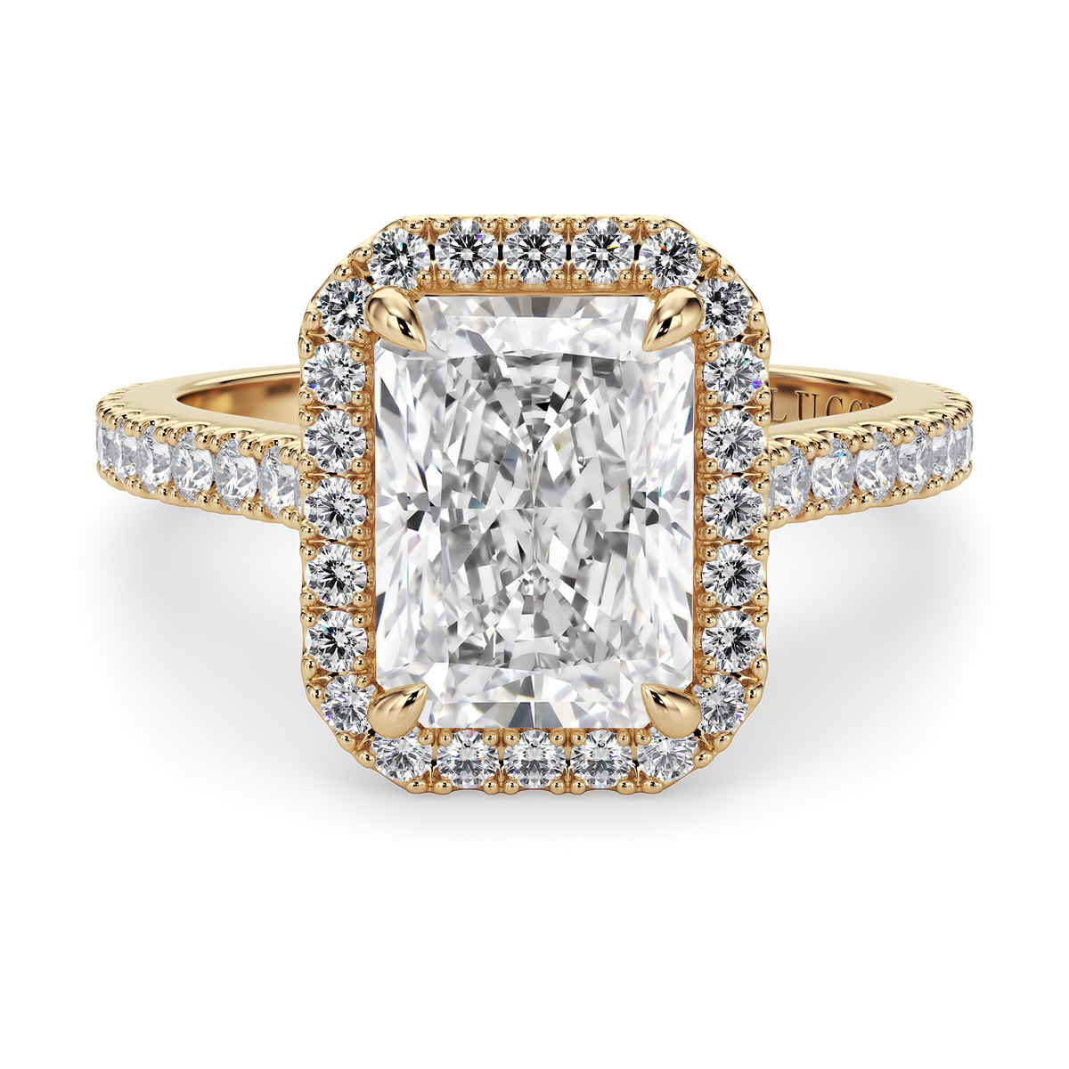 Load image into Gallery viewer, LUCCE Pavé Cathedral Radiant Diamond with Halo and Hidden Accents Engagement Ring in Gold or Platinum
