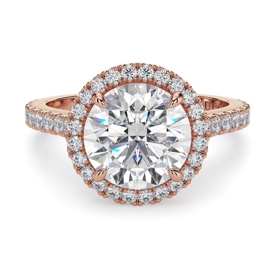 Load image into Gallery viewer, LUCCE Pavé Cathedral Round Diamond with Halo and Hidden Accents Engagement Ring in Gold or Platinum
