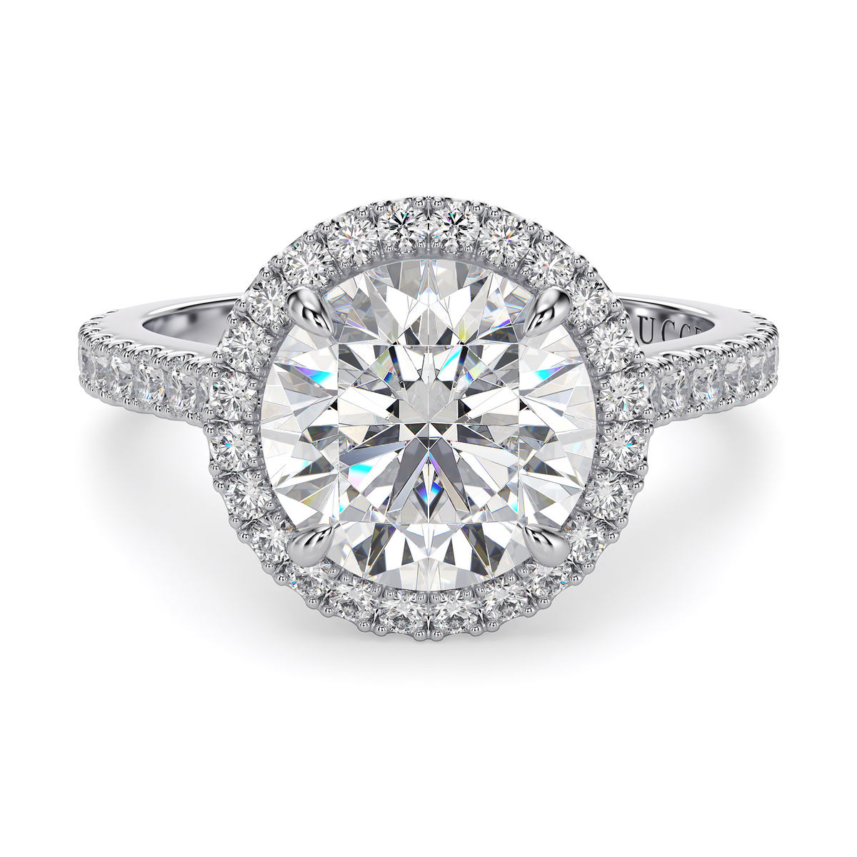 Load image into Gallery viewer, LUCCE Pavé Cathedral Round Diamond with Halo and Hidden Accents Engagement Ring in Gold or Platinum
