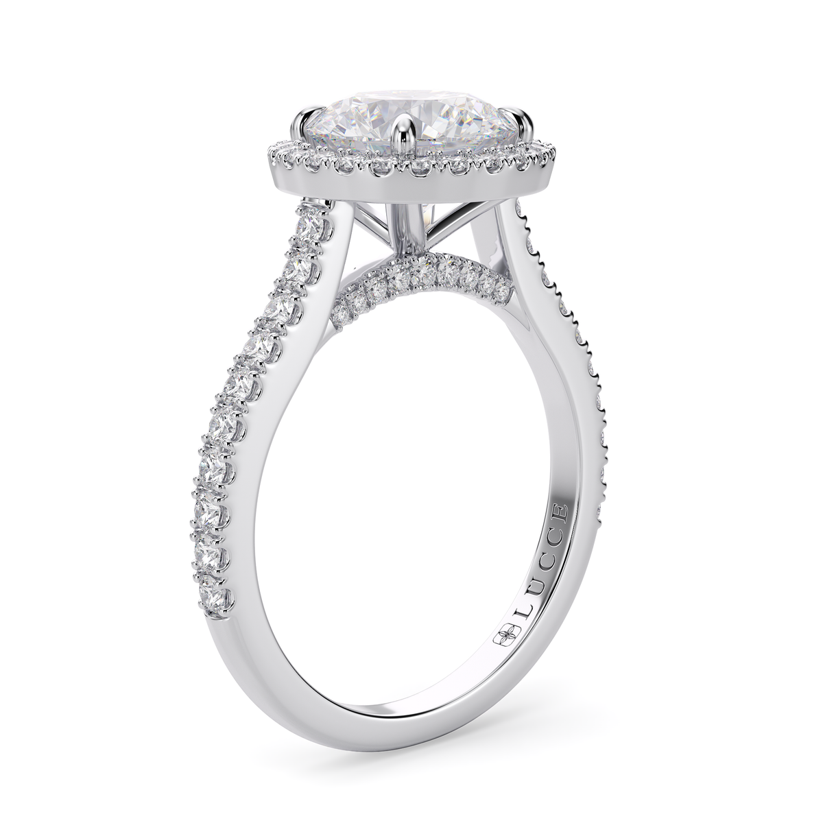 Load image into Gallery viewer, LUCCE Pavé Cathedral Round Diamond with Halo and Hidden Accents Engagement Ring in Gold or Platinum
