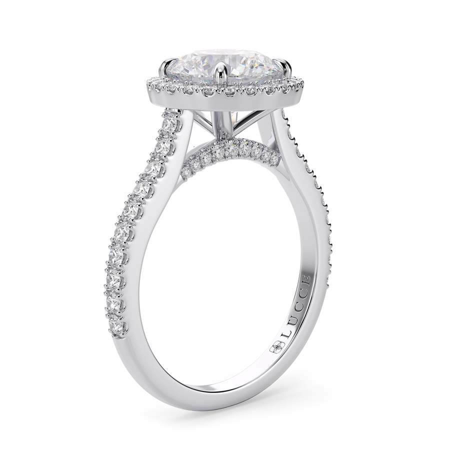 Load image into Gallery viewer, LUCCE Pavé Cathedral Roound Diamond with Halo and Hidden Accents Engagement Ring in Gold or Platinum
