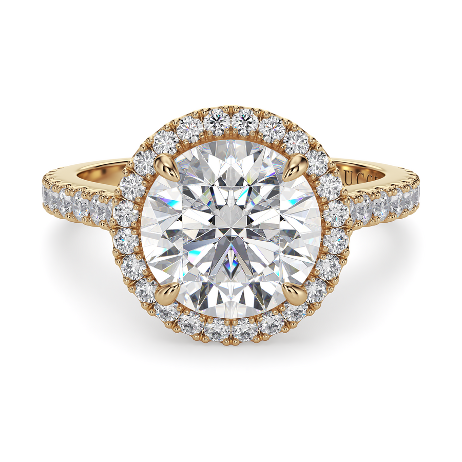 Load image into Gallery viewer, LUCCE Pavé Cathedral Round Diamond with Halo and Hidden Accents Engagement Ring in Gold or Platinum
