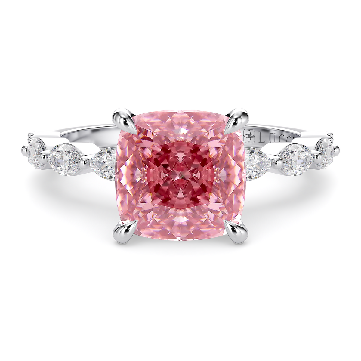 Load image into Gallery viewer, LUCCE Cluster Shared Prong Cushion Pink Diamond Engagement Ring with Petal Prongs in Gold or Platinum
