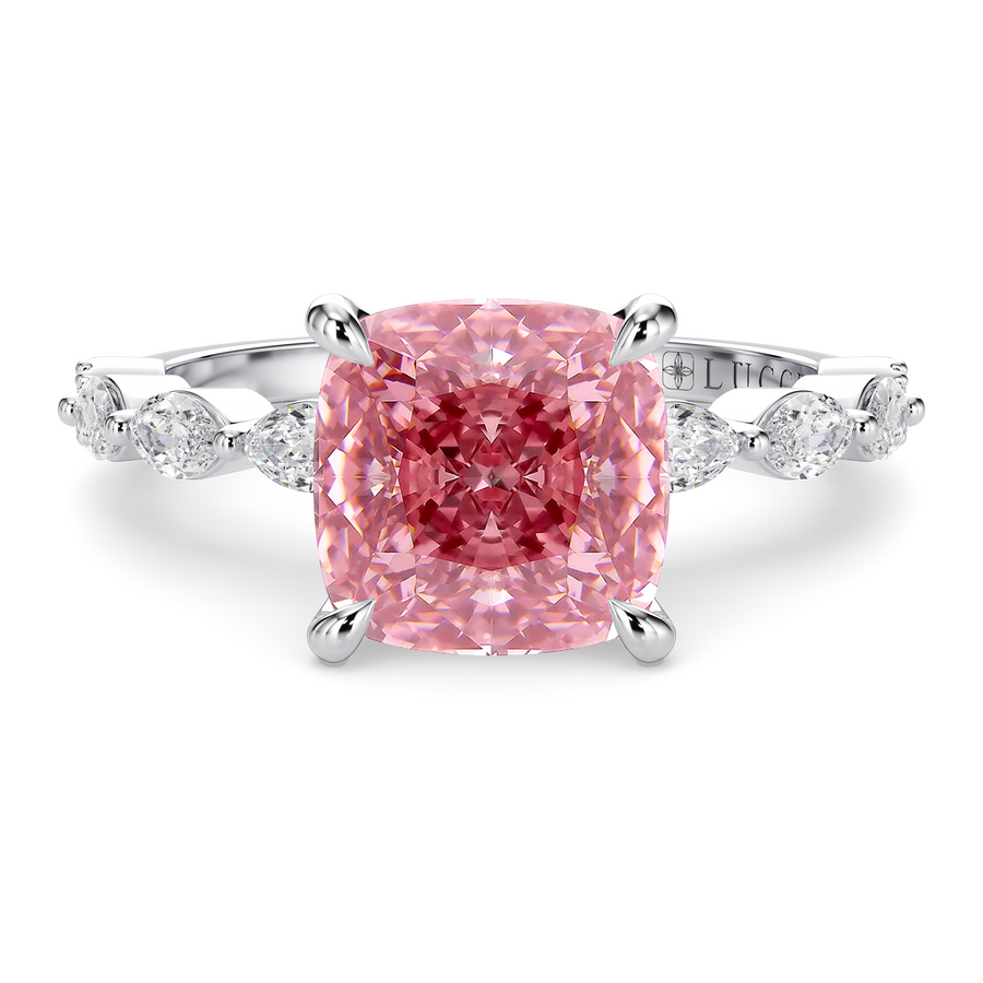 Load image into Gallery viewer, LUCCE Cluster Shared Prong Cushion Pink Diamond Engagement Ring with Petal Prongs in Gold or Platinum
