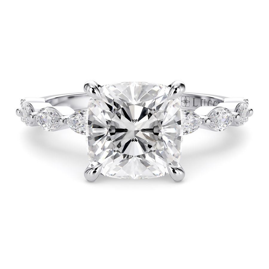 Load image into Gallery viewer, LUCCE Cluster Shared Prong Cushion Diamond Engagement Ring with Petal Prongs in Gold or Platinum
