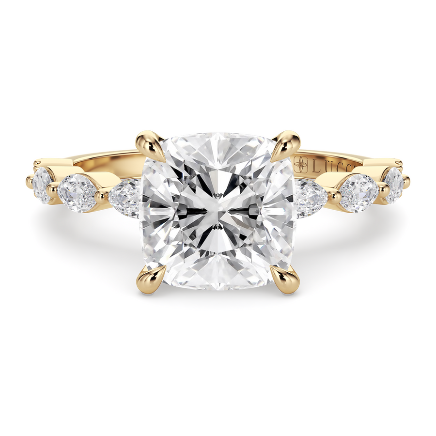 Load image into Gallery viewer, LUCCE Cluster Shared Prong Cushion Diamond Engagement Ring with Petal Prongs in Gold or Platinum
