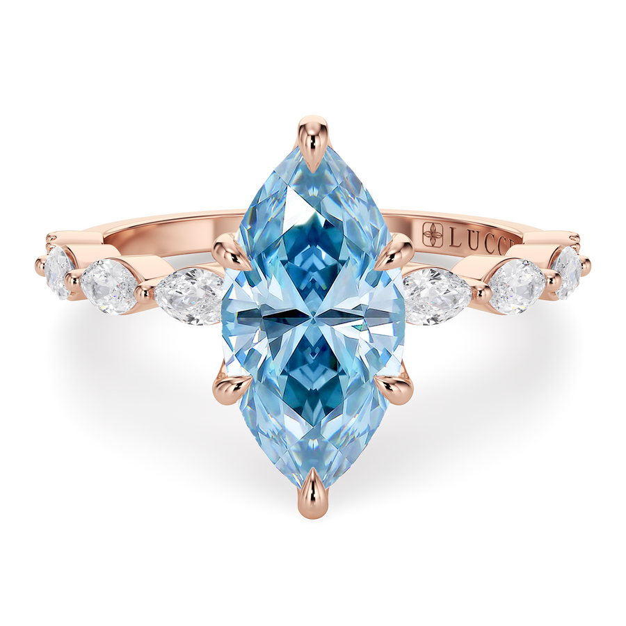 Load image into Gallery viewer, LUCCE Cluster Shared Prong Marquise Blue Diamond Engagement Ring with Petal Prongs in Gold or Platinum
