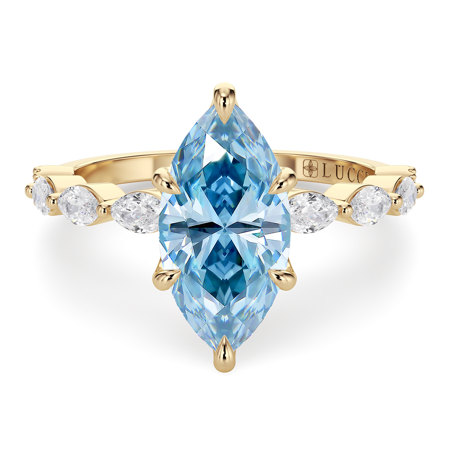 Load image into Gallery viewer, LUCCE Cluster Shared Prong Marquise Blue Diamond Engagement Ring with Petal Prongs in Gold or Platinum
