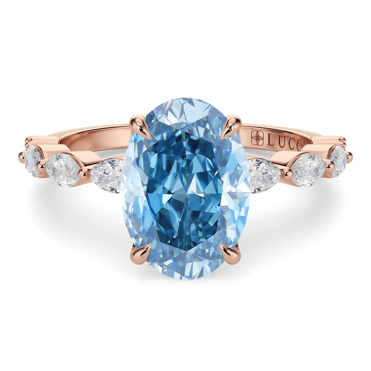 Load image into Gallery viewer, LUCCE Cluster Shared Prong Oval Blue Diamond Engagement Ring with Petal Prongs in Gold or Platinum
