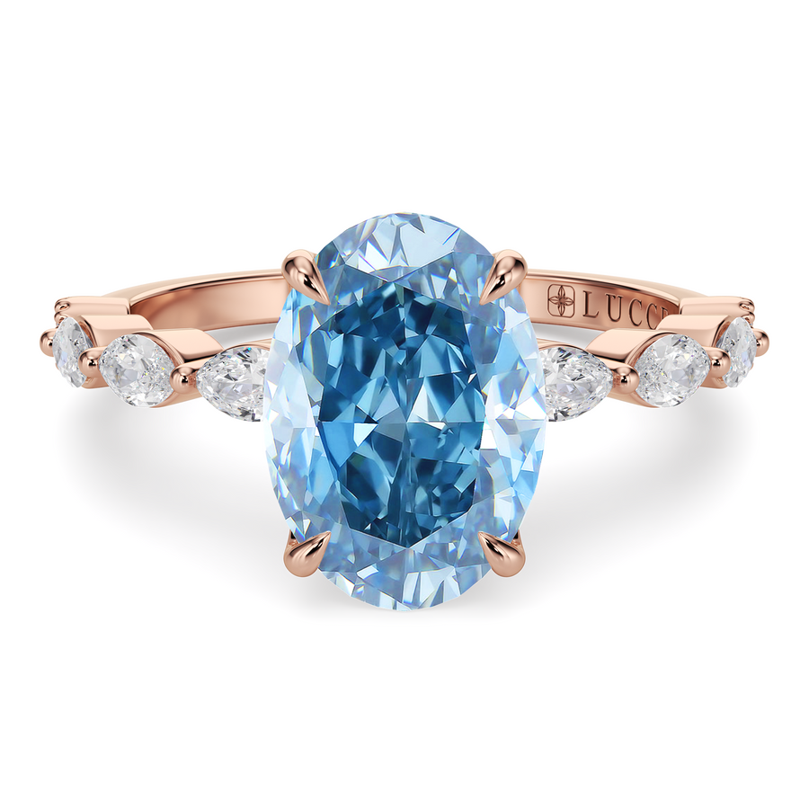 Load image into Gallery viewer, LUCCE Cluster Shared Prong Oval Blue Diamond Engagement Ring with Petal Prongs in Gold or Platinum
