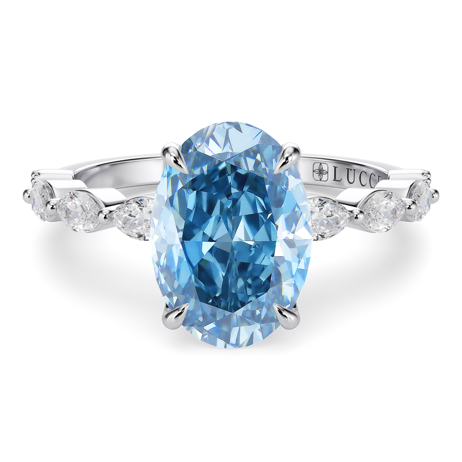 Load image into Gallery viewer, LUCCE Cluster Shared Prong Oval Blue Diamond Engagement Ring with Petal Prongs in Gold or Platinum

