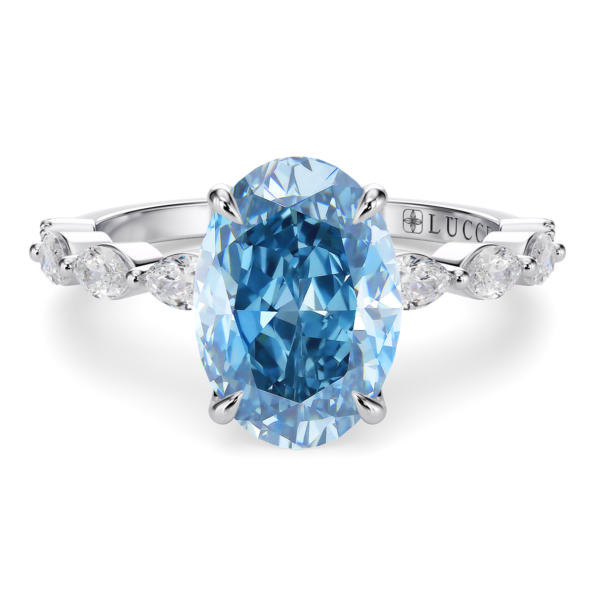 Load image into Gallery viewer, LUCCE Cluster Shared Prong Oval Blue Diamond Engagement Ring with Petal Prongs in Gold or Platinum
