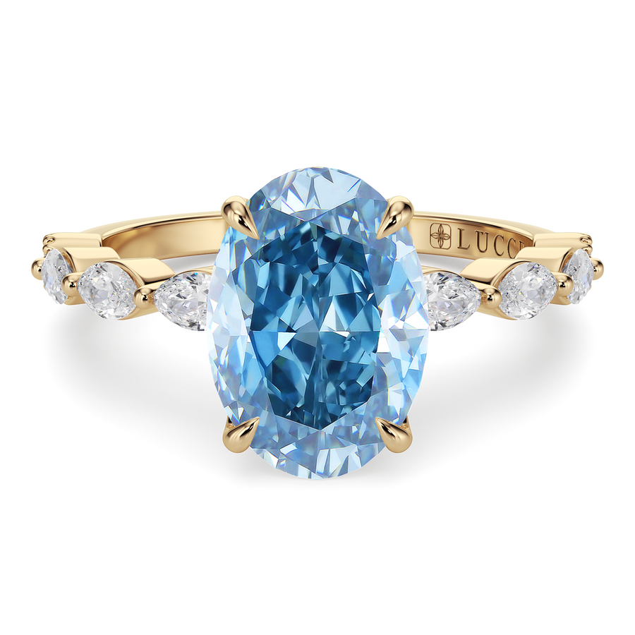 Load image into Gallery viewer, LUCCE Cluster Shared Prong Oval Blue Diamond Engagement Ring with Petal Prongs in Gold or Platinum

