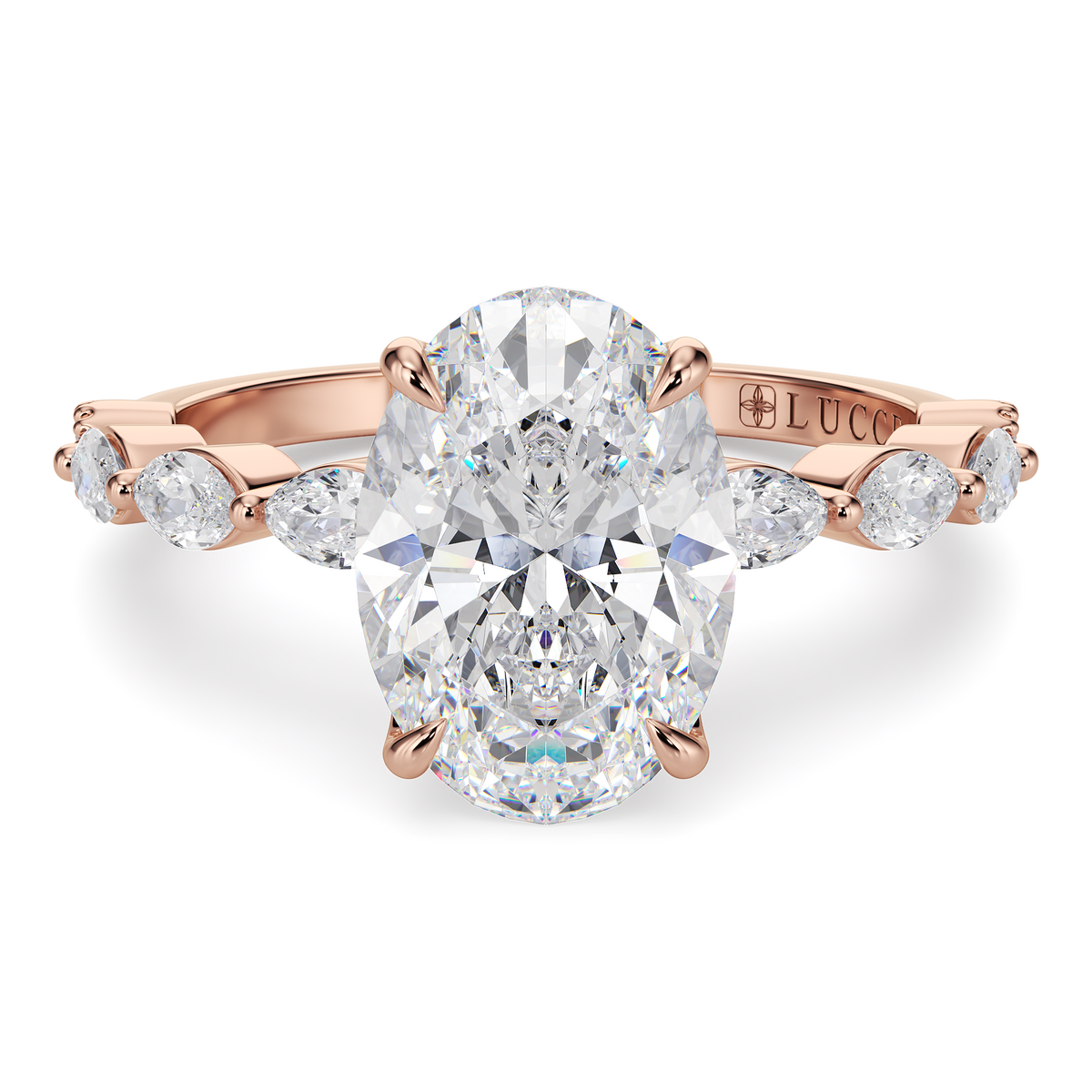 Load image into Gallery viewer, LUCCE Cluster Shared Prong Oval Diamond Engagement Ring with Petal Prongs in Gold or Platinum

