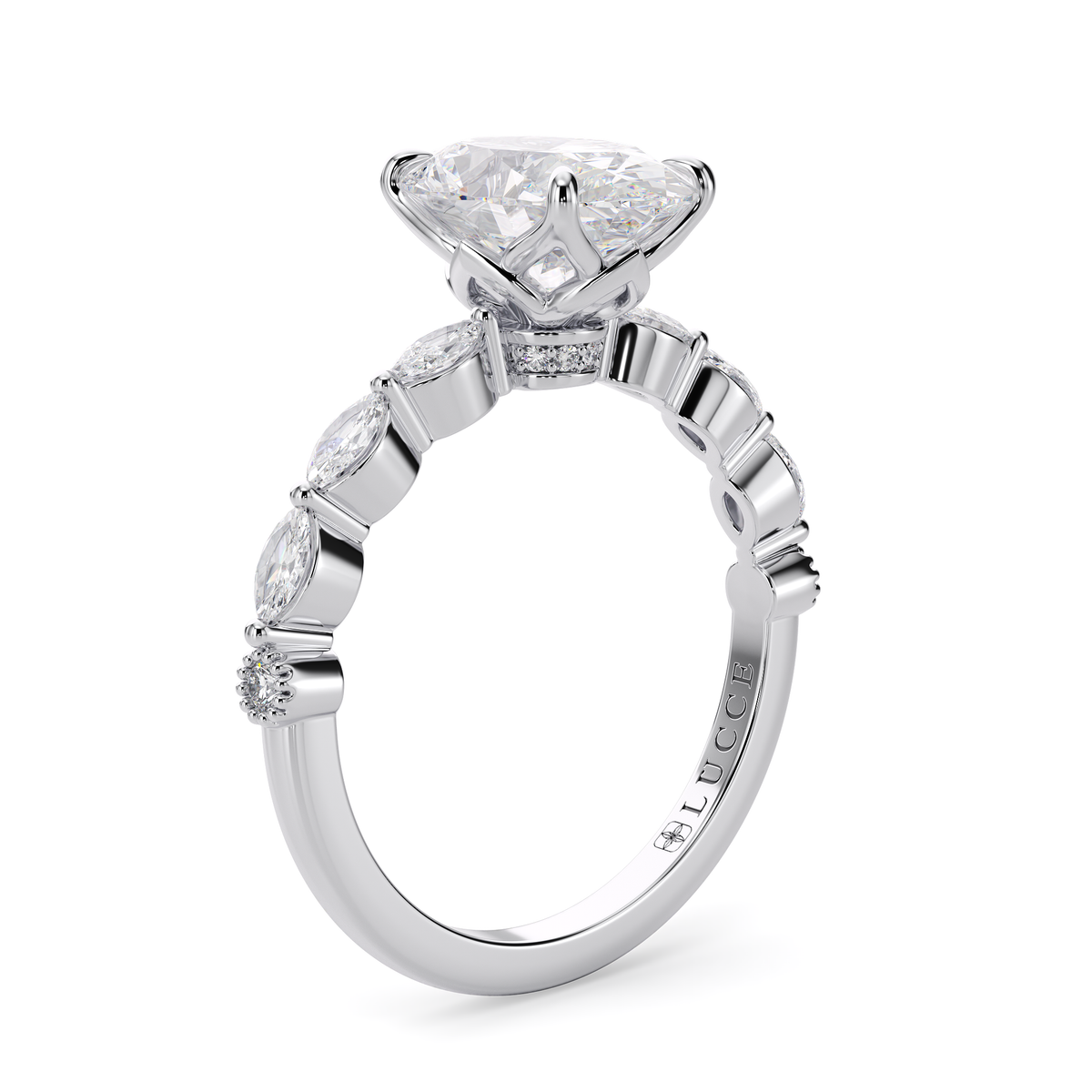 Load image into Gallery viewer, LUCCE Cluster Shared Prong Oval Diamond Engagement Ring with Petal Prongs in Gold or Platinum
