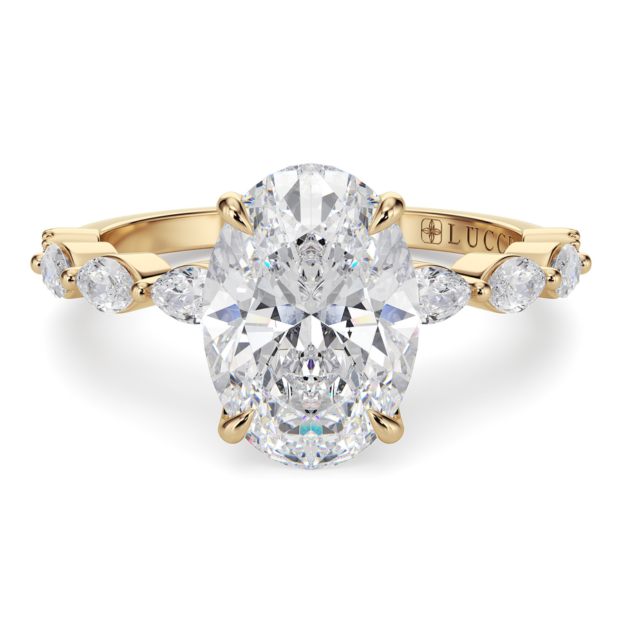 Load image into Gallery viewer, LUCCE Cluster Shared Prong Oval Diamond Engagement Ring with Petal Prongs in Gold or Platinum
