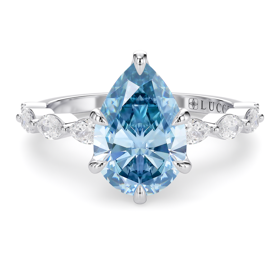 Load image into Gallery viewer, LUCCE Cluster Shared Prong Pear Blue Diamond Engagement Ring with Petal Prongs in Gold or Platinum
