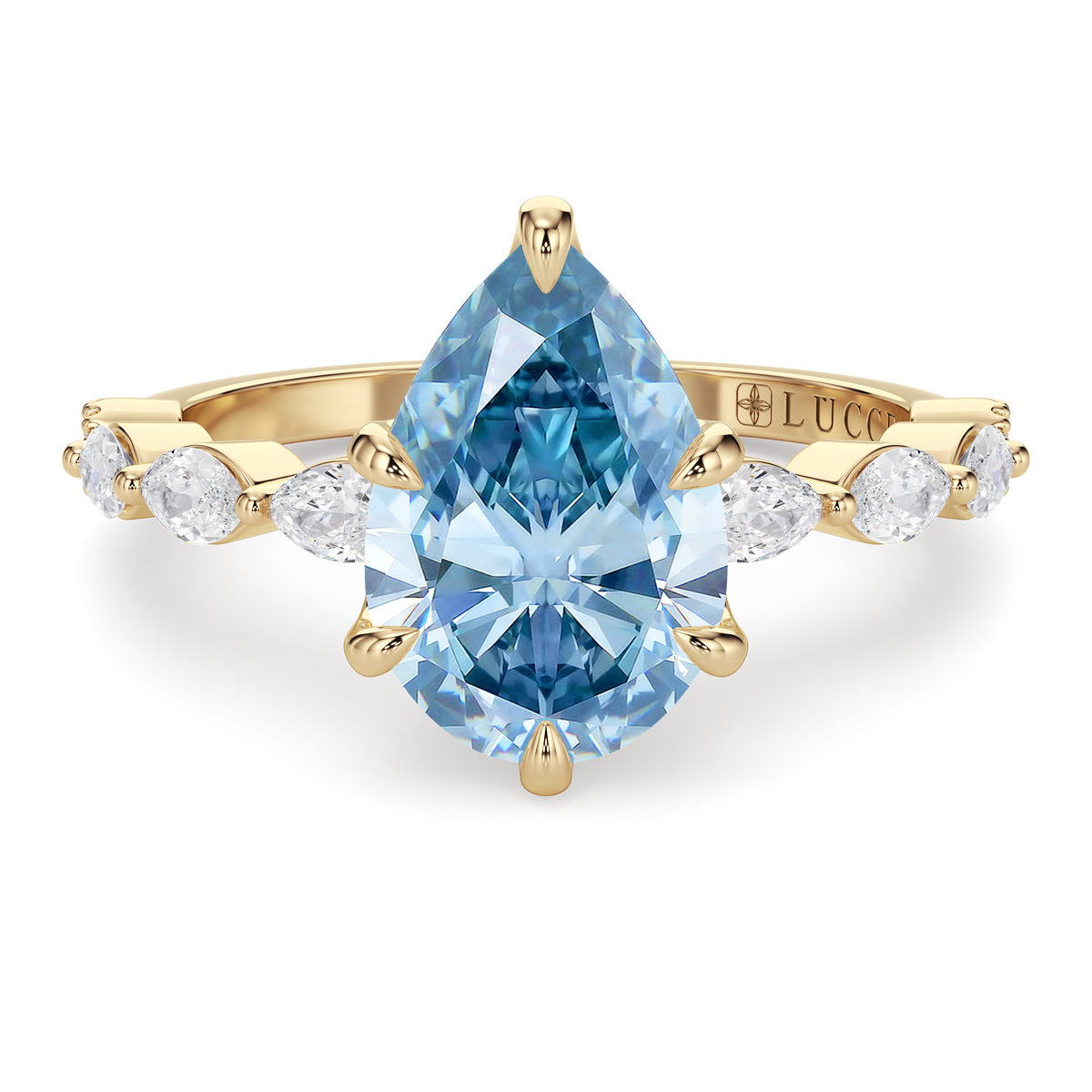 Load image into Gallery viewer, LUCCE Cluster Shared Prong Pear Blue Diamond Engagement Ring with Petal Prongs in Gold or Platinum
