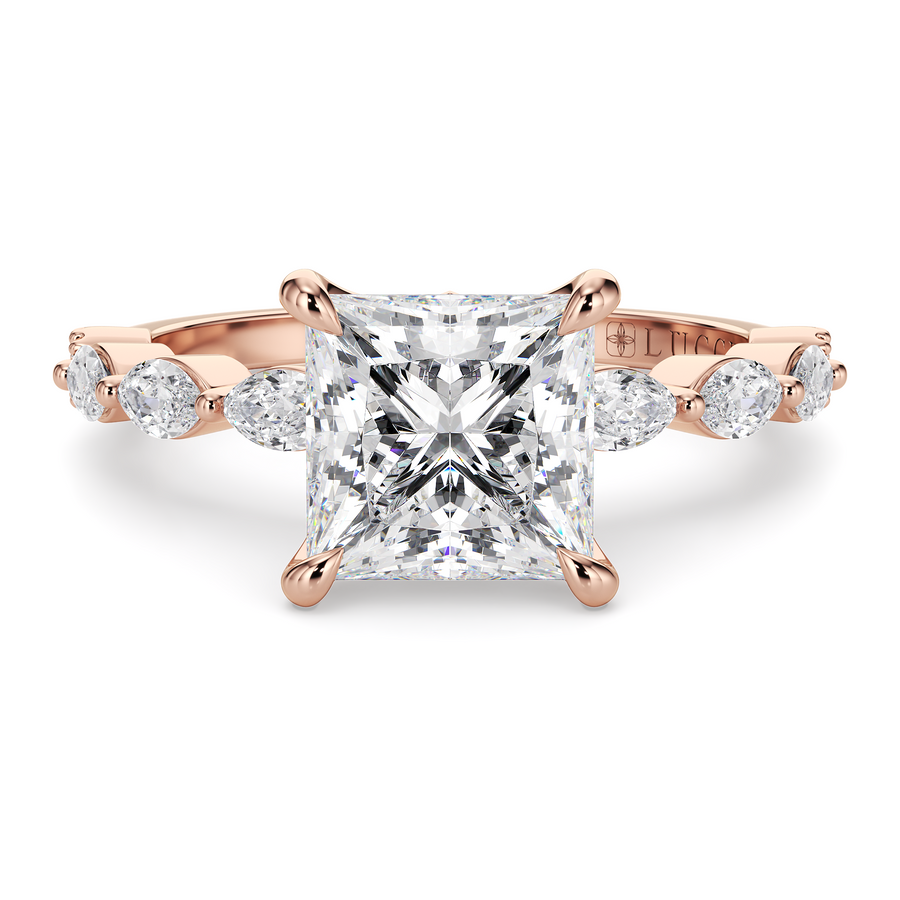 Load image into Gallery viewer, LUCCE Cluster Shared Prong Princess Diamond Engagement Ring with Petal Prongs in Gold or Platinum
